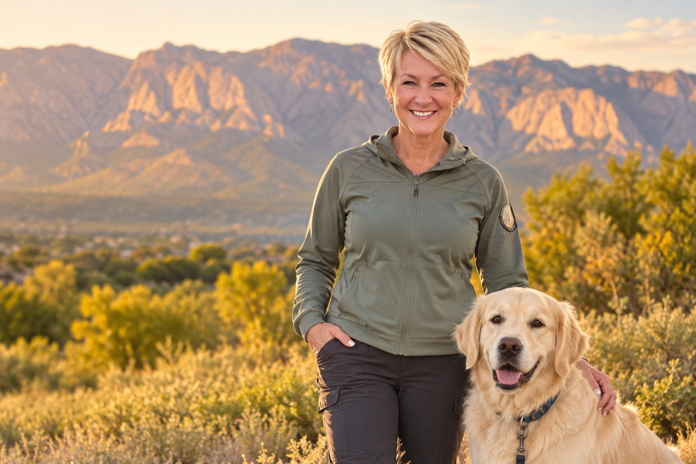 Susan Hawk walking an English Cream Golden Retriever in the Sandia foothills at golden hour