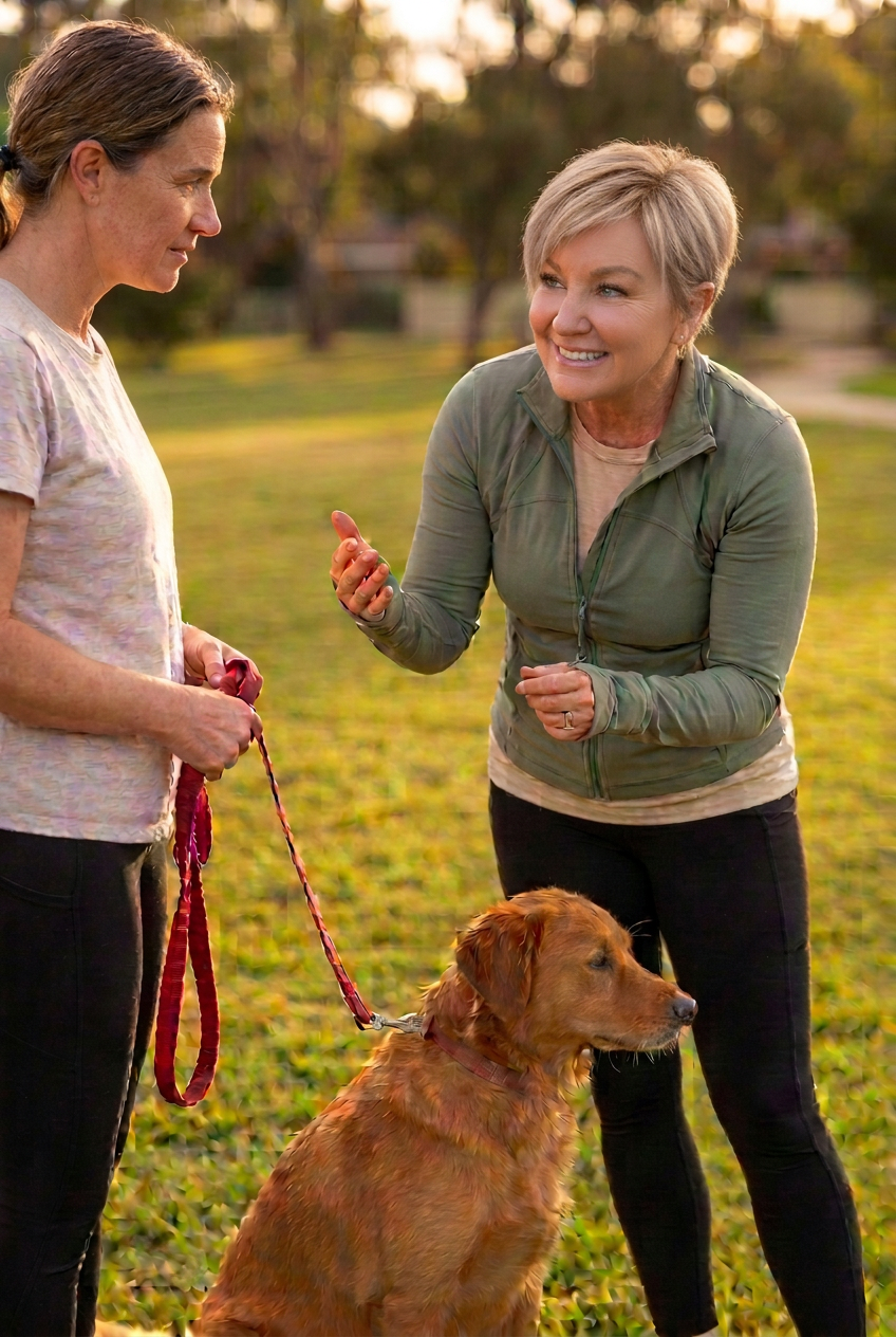 Susan Hawk of The Canine Coach working calmly with a client's dog