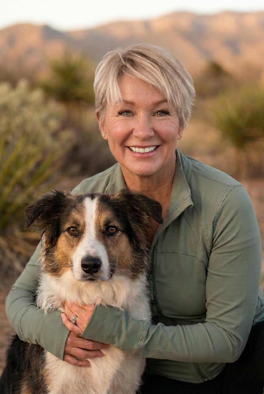 Portrait of Susan Hawk with her yellow labrador